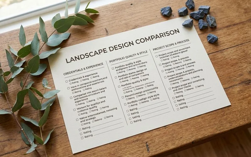 Comparison checklist with credentials, portfolio fit and quote scope