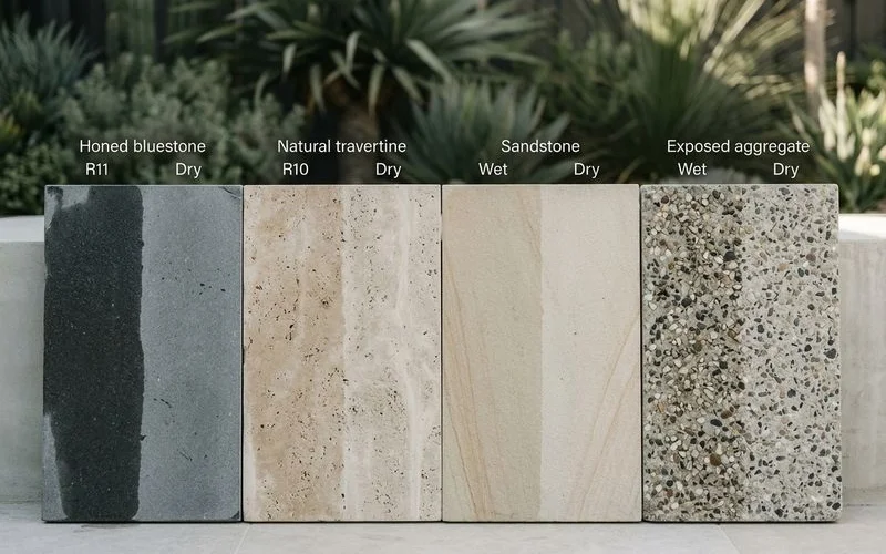 Comparison of bluestone, travertine, sandstone and exposed aggregate
