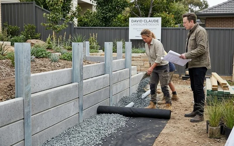 Concrete sleeper retaining wall with H-post drainage detail
