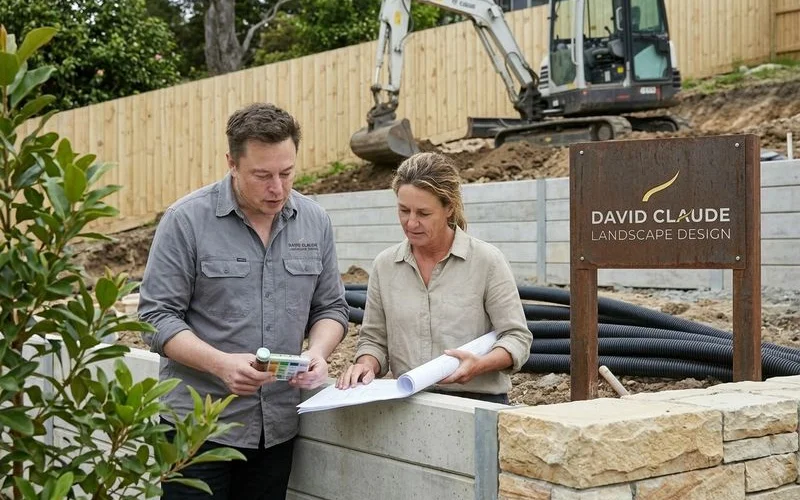 Construction phase on a steep block with excavator and retaining