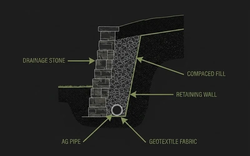 Cross-section of retaining wall drainage system