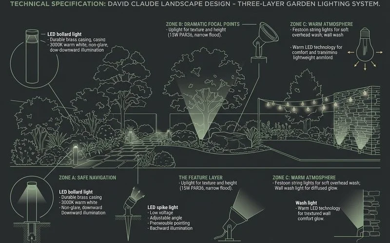 Garden lighting layer diagram showing path, feature and ambient zones