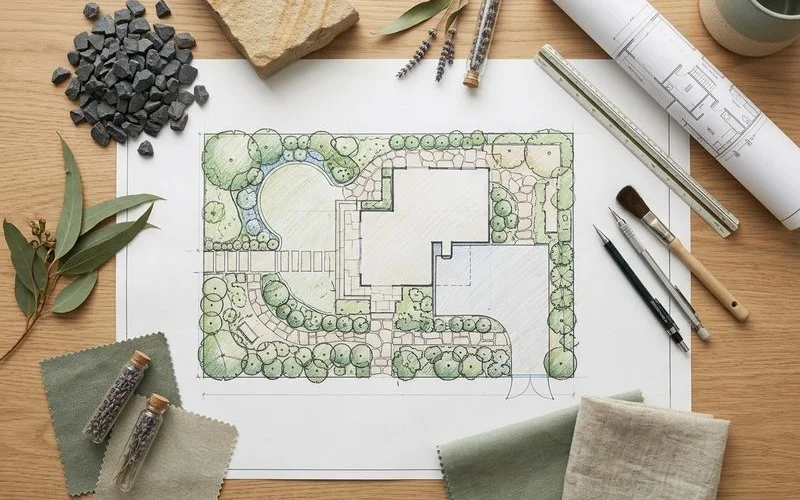 Hand-drawn 2D concept plan with bluestone samples