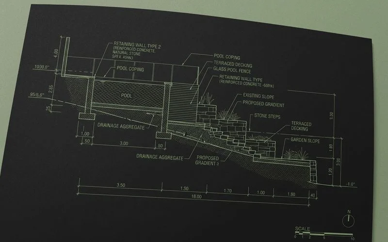Pool landscape section drawing showing terrace levels