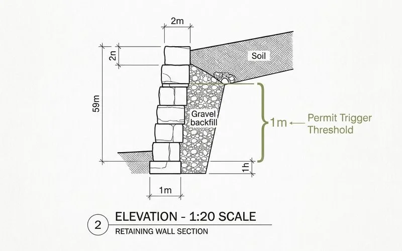Retaining wall height trigger diagram with 1m threshold