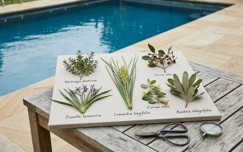 Plant swatch board: Westringia, Dianella, Lomandra, Correa, Banksia