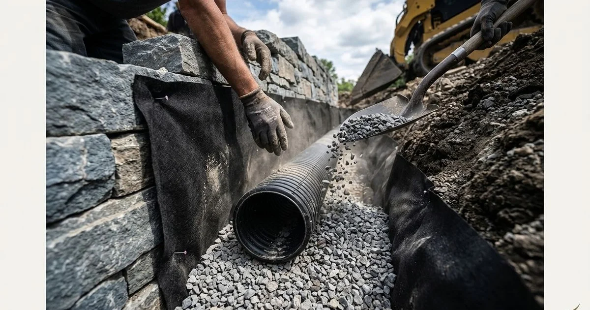 Ag-pipe drainage system behind retaining wall