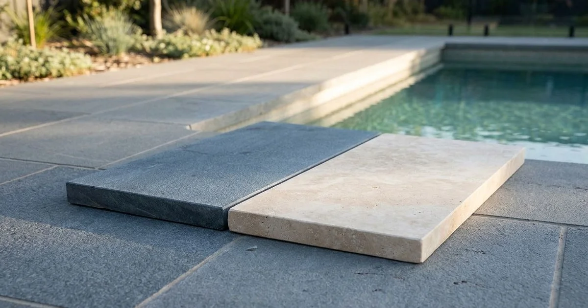 Bluestone and travertine pool coping samples compared
