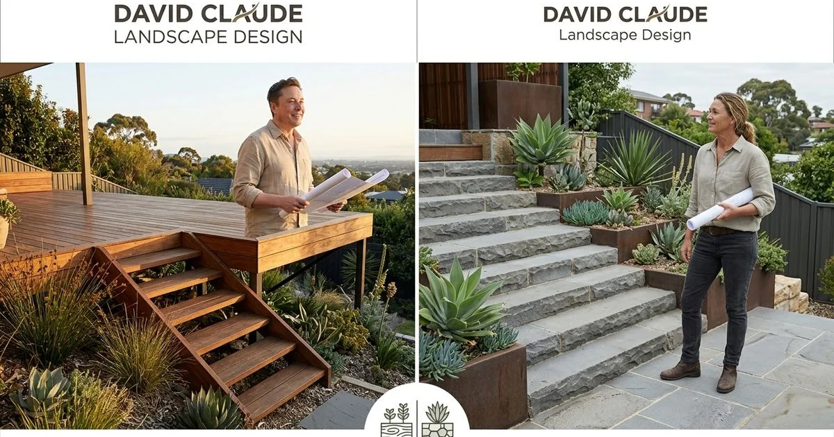 Comparison of spotted gum deck and bluestone patio on a sloping block