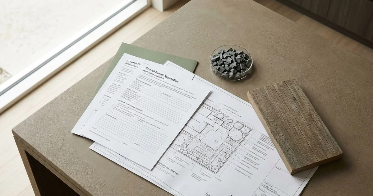 Council permit application papers with bluestone and timber samples