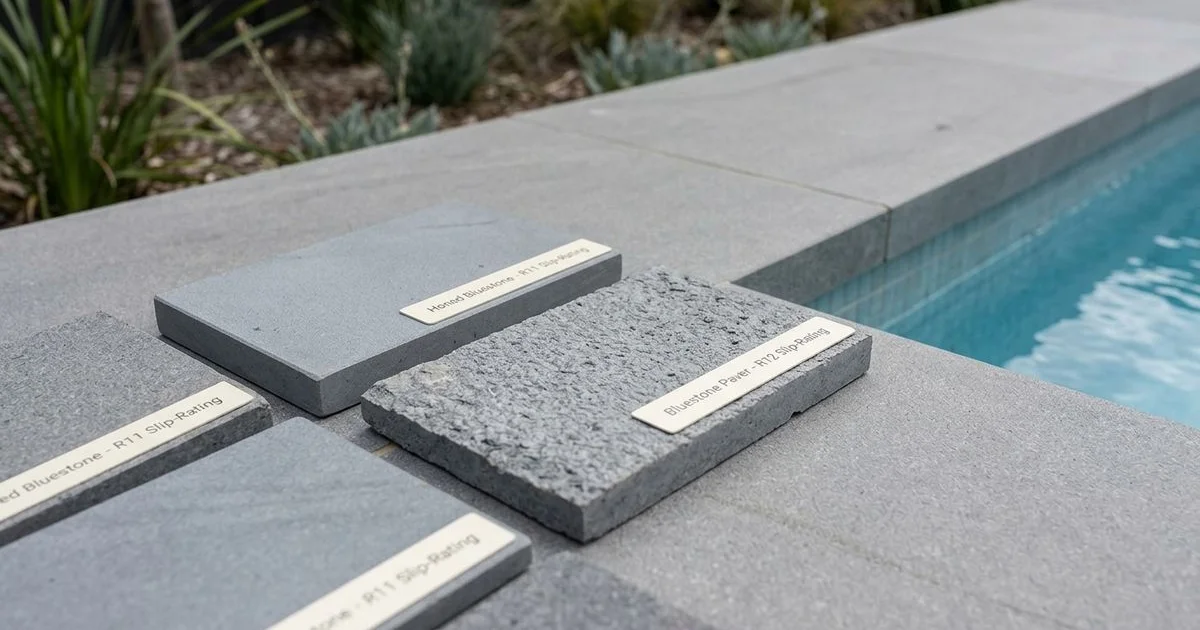 Pool surround material samples with slip rating annotation
