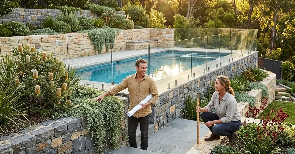 Multi-level pool surround on sloping block