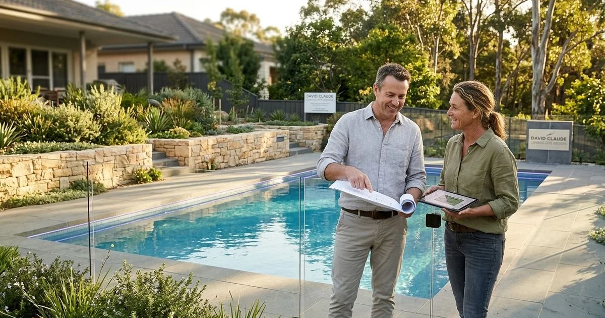 Pool landscape with bluestone coping and frameless glass fence