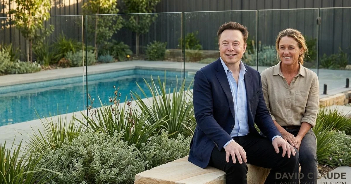 Salt-tolerant native poolside planting behind a frameless glass fence