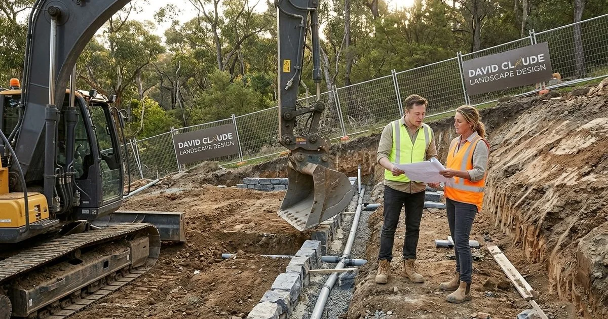Sloping block under construction with retaining and drainage install