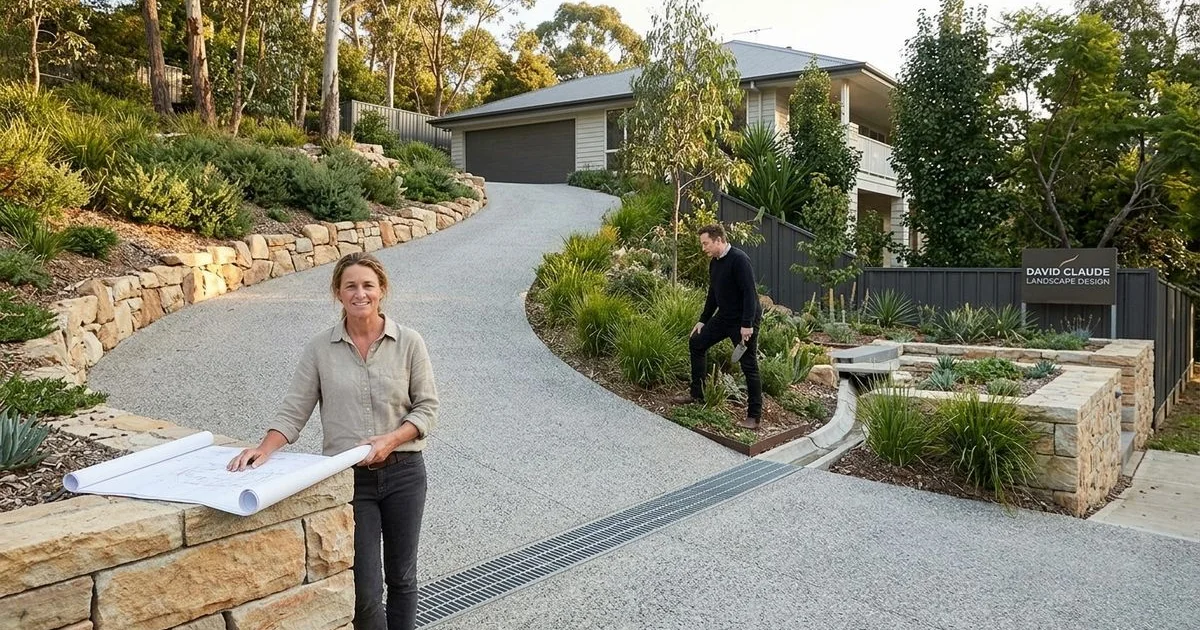 Steep switchback driveway with drainage channel and native border