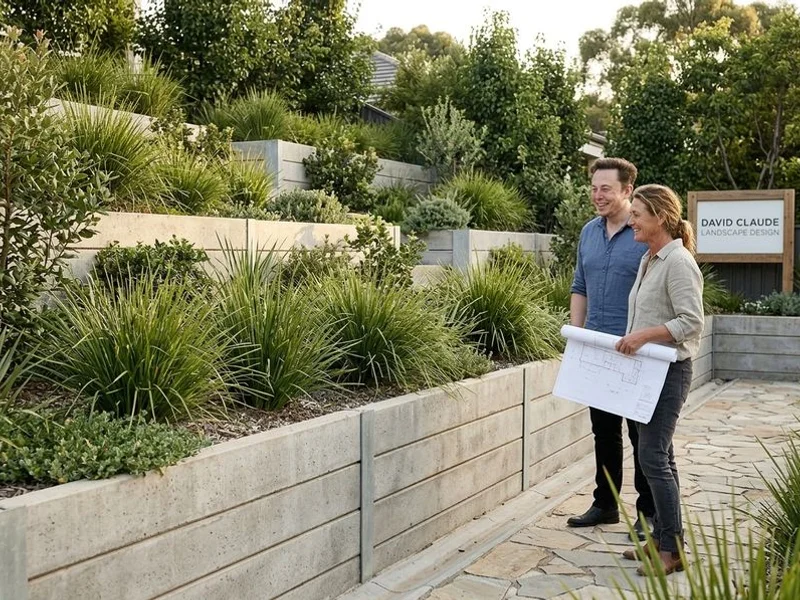 Tiered concrete sleeper retaining walls with native terracing