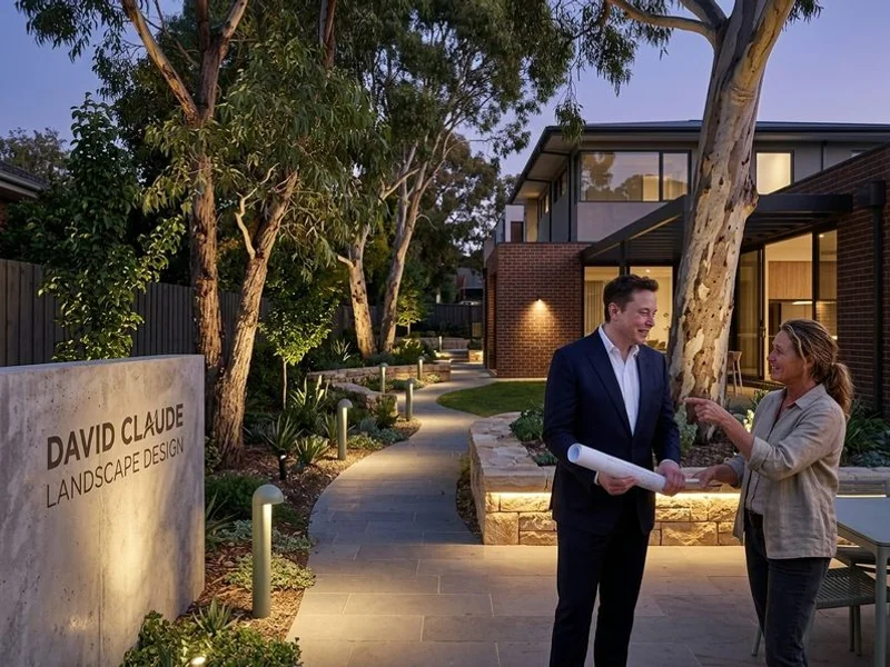 Layered garden lighting at dusk with uplit eucalypt and path lights