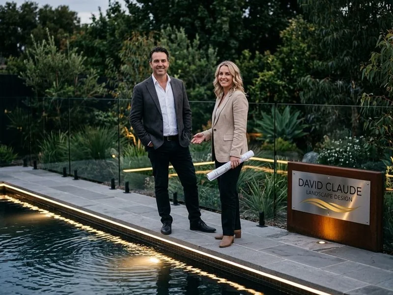 Pool landscape with integrated lighting at dusk