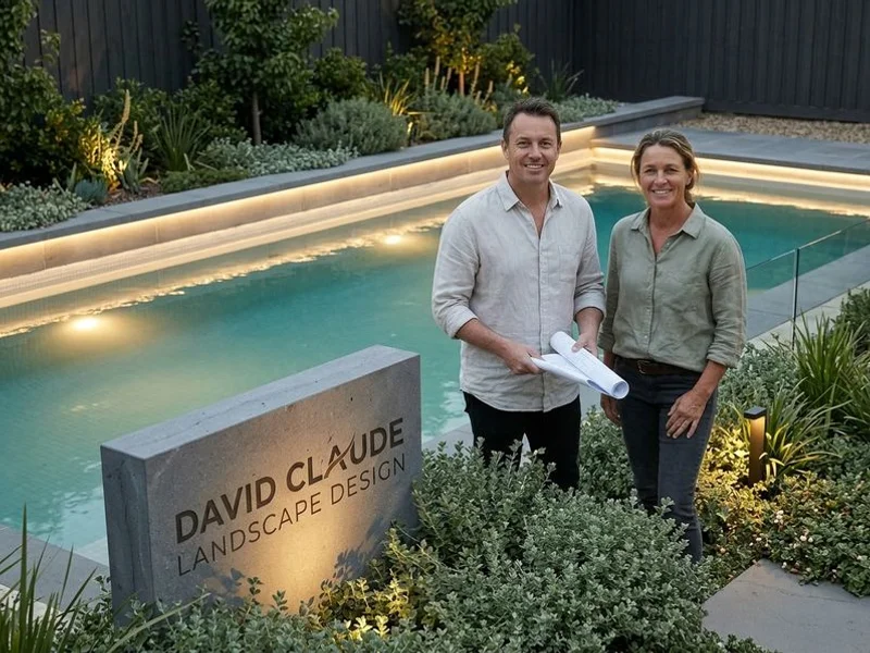 Pool landscape with feature lighting at dusk