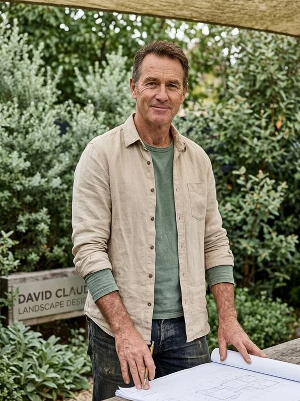 Editorial portrait of David Claude in front of a sage native garden