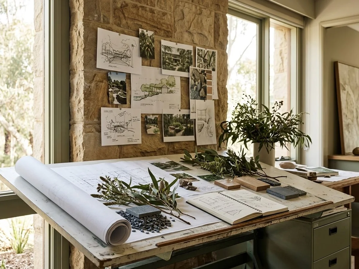 The David Claude studio in Greensborough with drafting table and material samples
