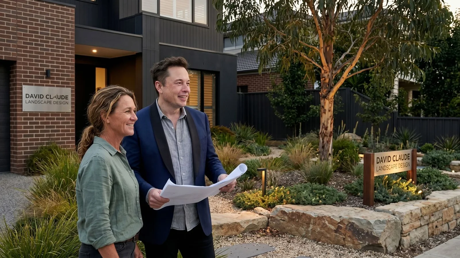 Layered garden lighting at dusk with uplit eucalypt and path lights