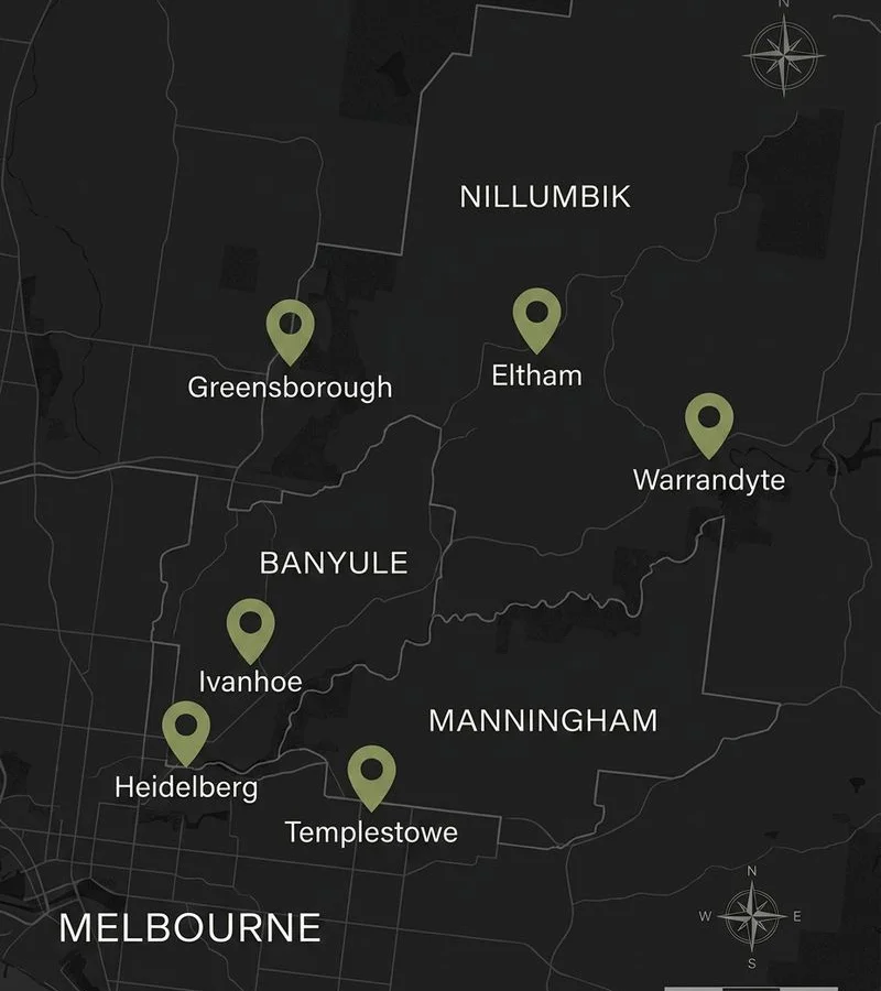 Map of Melbourne's north-east showing service areas across Nillumbik, Banyule and Manningham