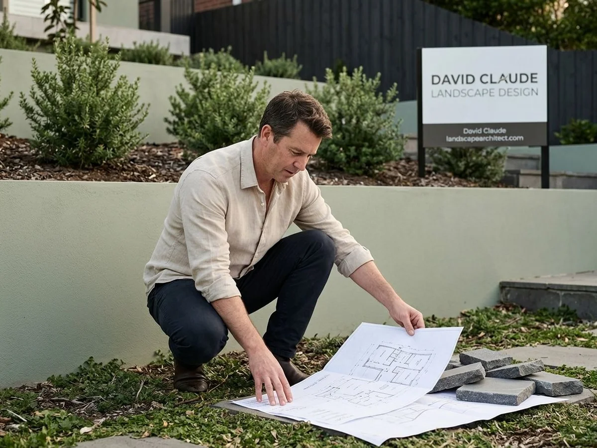Landscape architect drawing plans on a sloping site with bluestone samples