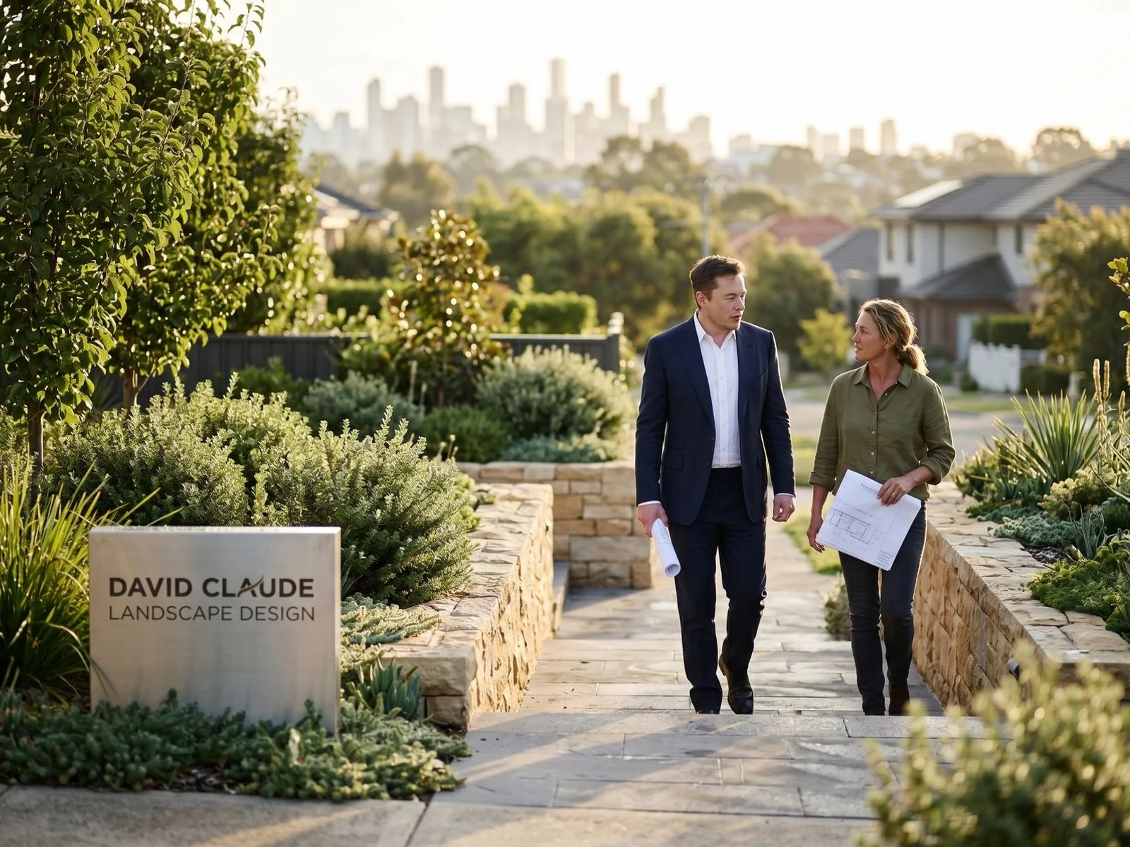 Sculpted landscape garden path with native sage planting at golden hour, designed by David Claude